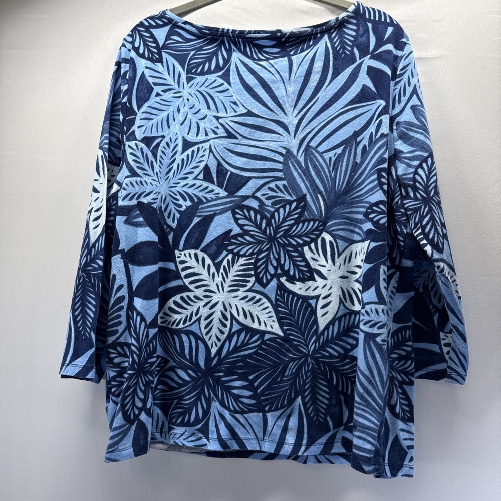 Talbots Women's Top XL Blue Floral Art 3/4 Sleeve Stretch Pullover Cotton Blend - Picture 3 of 6